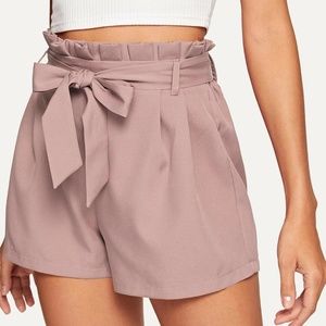 High Waisted Paperbag Belted Shorts (Pastel Dusty Pink)